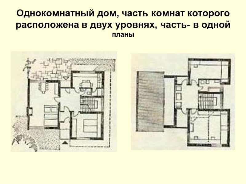 Однокомнатный дом, часть комнат которого расположена в двух уровнях, часть- в одной планы